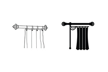 Curtain Rods Illustration With Drape Line Art And Silhouette Vector
