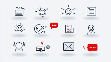 Collection of simple line style icons representing various aspects of digital communication including chat messaging and social networking elements