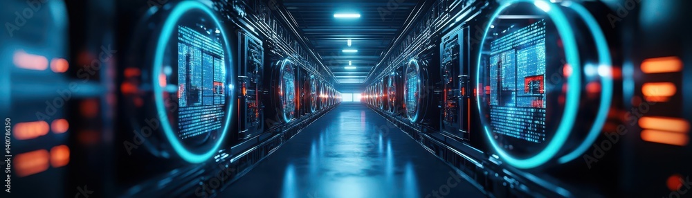 Poster illuminated long corridor with rows of high-tech servers creating a modern and futuristic atmosphere