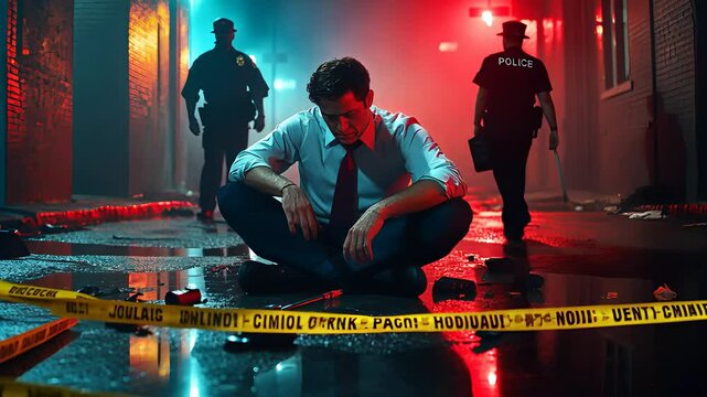 Detective Investigating Crime Scene with Police Officers and Yellow Tape in Dark Alley

