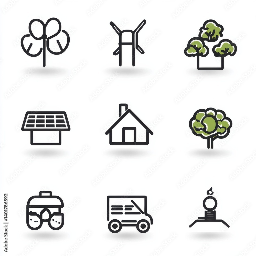 Poster a collection of simple minimalistic outline icons that visually represent various elements of enviro