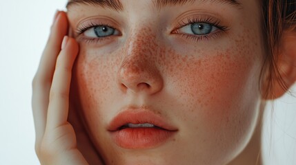 Blond hair frames a smiling young woman's beautiful face, her eyes looking close up with happy expression