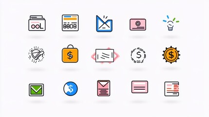 A set of 15 icons that visually represent various financial concepts and tools including banking investments savings payments and data analysis