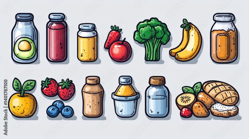 Poster a comprehensive set of 15 nutritious food and drink icons designed in a clean minimalist line style 