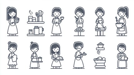 Fototapeta premium A set of simple minimalist icons illustrating various household chores and domestic tasks associated with daily family life such as cooking cleaning and home organization