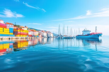 Fototapeta premium Vibrant Colorful Houses and Charming Boats Lining the Picturesque Harbor of Rovinj in Denmark Creating a Lively Coastal Scene Under Clear Skies