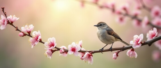 Fototapeta premium A Small Bird Perched on Blossoming Tree Branch.