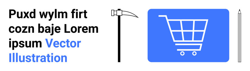 Blue shopping cart icon, text block, minimalist pickaxe, and pencil. Ideal for e-commerce, retail, design tools, digital marketing, technology mining creative portfolios simple landing page