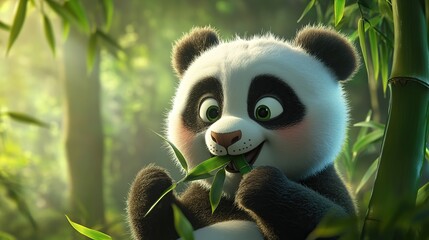 Obraz premium A cute panda, a fluffy mammal with red fur, sits in a tree eating bamboo in its wild nature