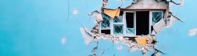 Dramatic View of a Broken Window Framed by a Vibrant Blue Wall Evoking a Sense of Abandonment and Intrigue in an Urban Setting