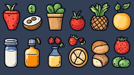 A collection of 15 minimalist outline style icons depicting various healthy food items and components of a balanced diet including fruits vegetables dairy and condiments