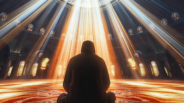 Person Meditating in the Light Inside a Beautiful Religious Space

