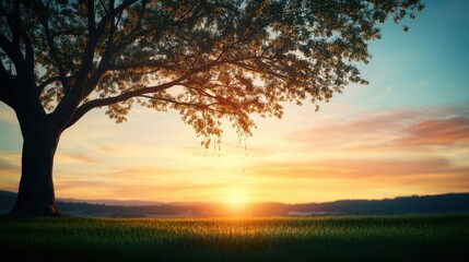 Fototapeta premium Solitary Tree Silhouetted Against a Vibrant Sunset in an Expansive Open Field Evoking Tranquility and Natural Beauty in a Serene Landscape Scene