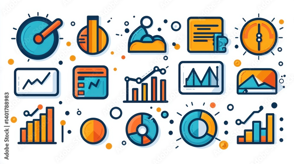 Poster a collection of 15 minimalist outline icons representing various elements of statistical analysis da