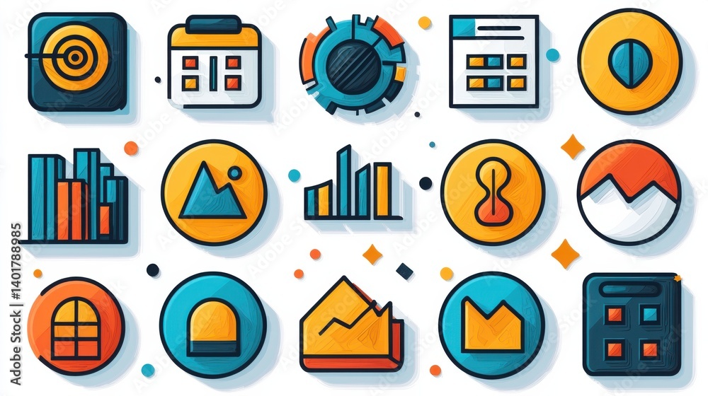 Poster collection of 15 minimalist outline icons designed to represent various statistical and data related