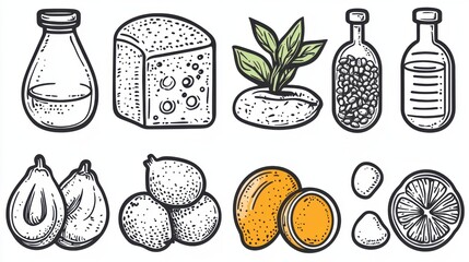 An featuring a variety of icons representing nutritious foods beverages and natural ingredients for a healthy lifestyle and balanced diet