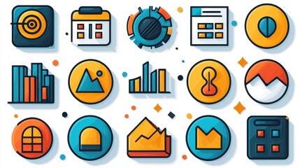 Collection of 15 minimalist outline icons designed to represent various statistical and data related concepts such as graphs charts reports and analytics