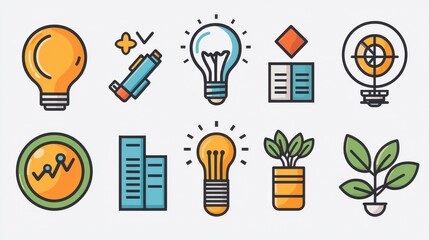 Colorful set of 15 minimalist outline icons representing various concepts related to leadership strategy and business development