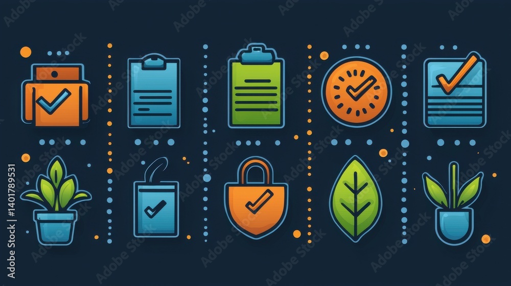 Poster a set of 15 minimalist outline icons depicting various elements of action planning task organization