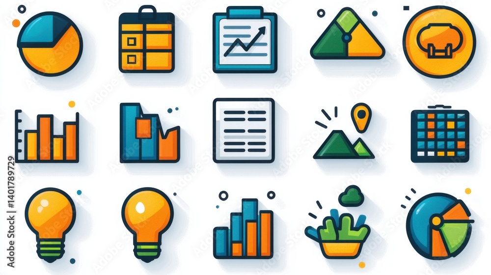 Poster this image showcases a collection of 15 outline icons that visually represent various elements of an