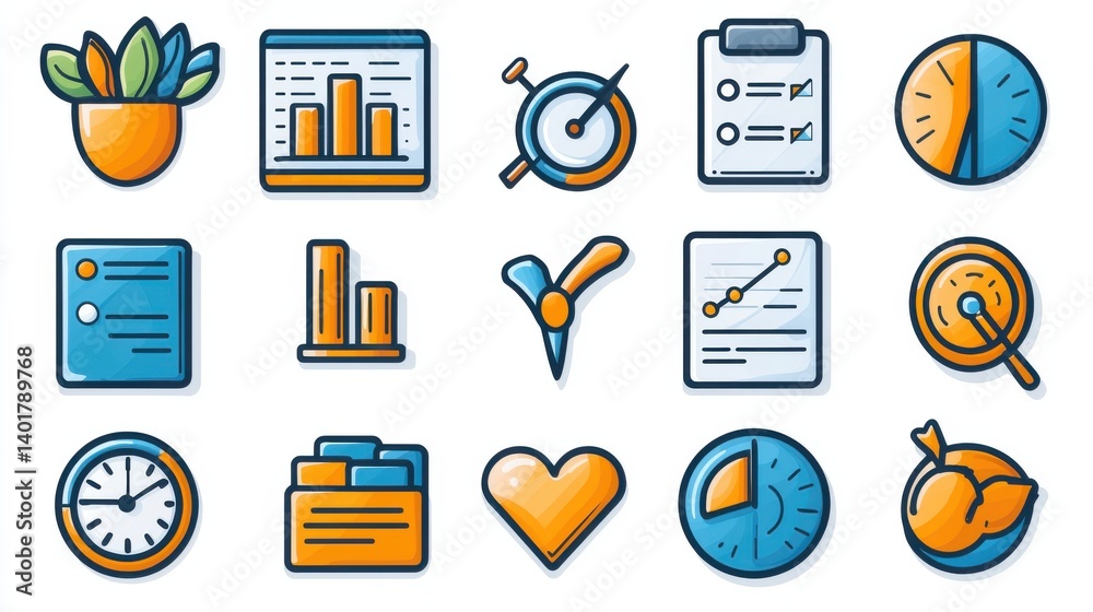 Poster a diverse collection of outline icons representing various elements of an effective action plan incl
