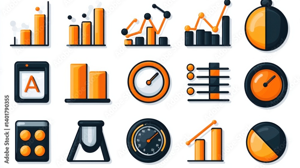 Poster a collection of 15 outline icons depicting different aspects of data analysis business analytics and