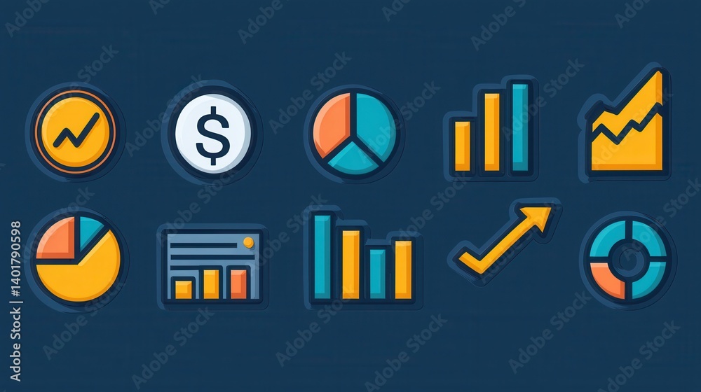 Poster a collection of colorful outline icons depicting different data visualization tools and statistical 