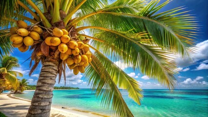 Fototapeta premium Lush Tropical Coconut Palm Tree, Exotic Island Paradise, Summer Vacation, Beach Scene, Coconut Palm Stock Photo, High-Resolution Image