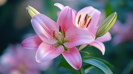 Fototapeta premium Closeup of a beautiful pink lily flower in bloom
