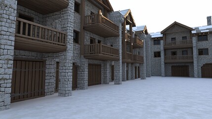 Alpine chalet village in winter.  Snowy courtyard