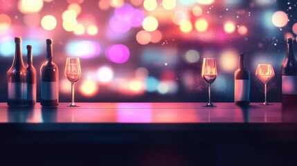 Elegant bar scene featuring wine bottles and glasses against a colorful bokeh background