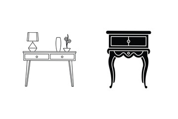 Two Furniture Designs Table With Decor And Elegant Bedside Table Vector
