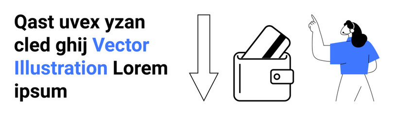 Wallet with cards and downward arrow, woman pointing at text. Ideal for finance apps, e-wallet services, digital payments, online transactions, fintech, mobile banking educational materials. Landing