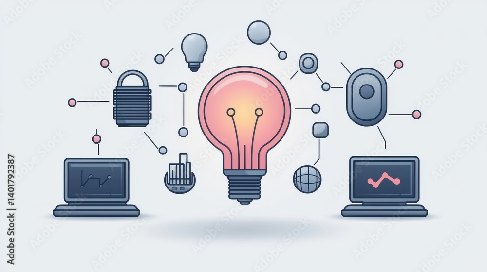 Poster a collection of outline icons depicting various technological elements including computers devices s