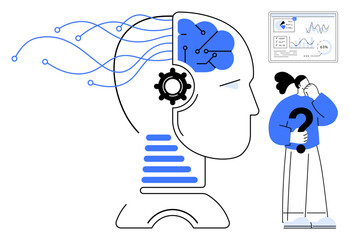 Human head with brain circuits, mechanical cog, data flows, and person with question mark. Ideal for AI, data science, innovation, decision-making, machine learning problem-solving modern