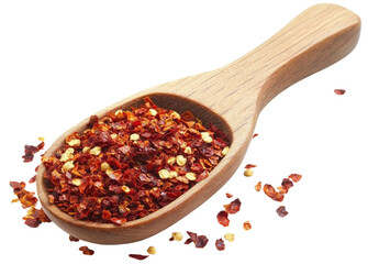crushed red pepper flakes in wooden spoon on black