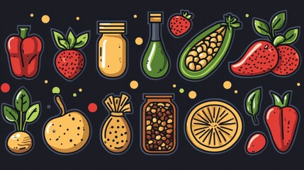 A collection of 15 outlined icons depicting a variety of fresh natural and healthy food ingredients including vegetables fruits spices herbs and seasonings