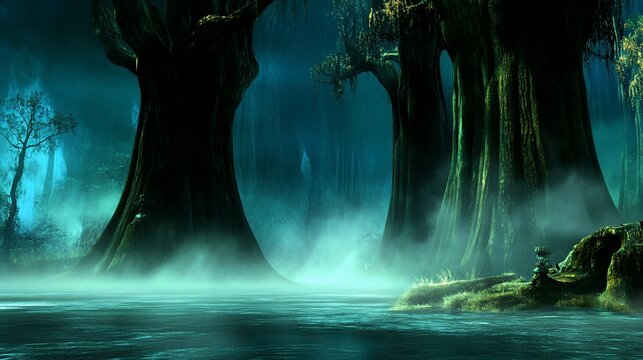 Mystical swamp forest at night.  Foggy, dark, ancient trees surround a still lagoon