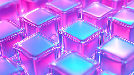 colorful geometric pattern with glowing glassy cubes in neon lights, holographic neon plexiglass cubes background, vaporwave 3d abstract pattern, 3d holographic jelly cubes