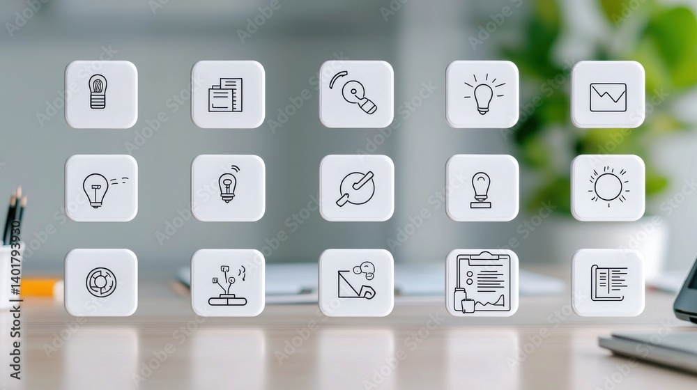 Poster a collection of 15 minimalist line icons representing various aspects of planning strategy and execu
