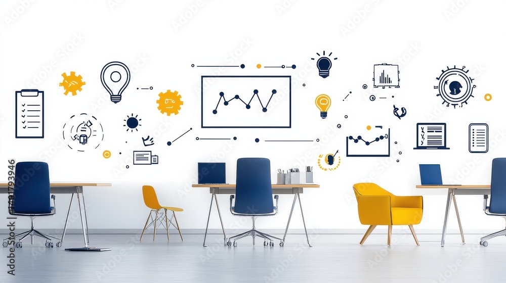Poster a collection of planning and execution icons displayed in a contemporary office environment represen