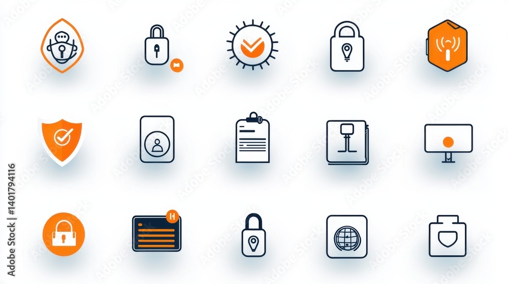 Poster a collection of 15 minimalist icons representing various aspects of protection security and safety s