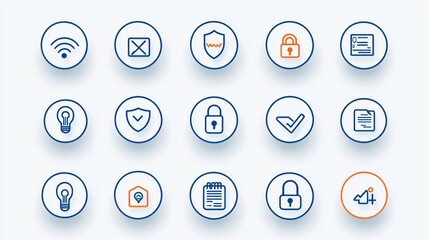 Set of 15 minimalist icons representing various aspects of protection safety and cybersecurity in a thin line style