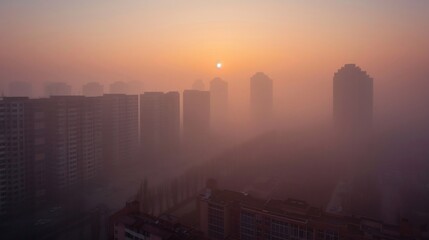 Fototapeta premium City covered in thick smog with people struggling to breathe in polluted air
