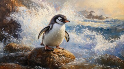 Fototapeta premium Captivating oil painting of a lone penguin standing proudly on a rock near the turbulent sea