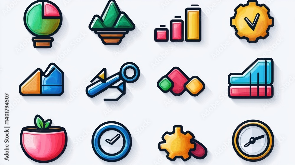 Poster a collection of 15 modern minimalist icons representing various statistical and data visualization c