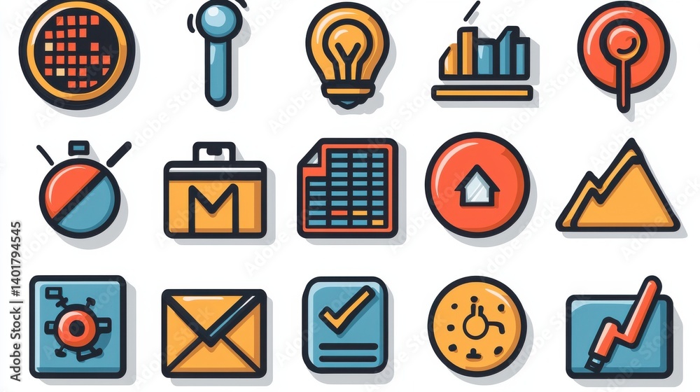 Poster a collection of 15 outline icons representing various data analytics and statistics related concepts