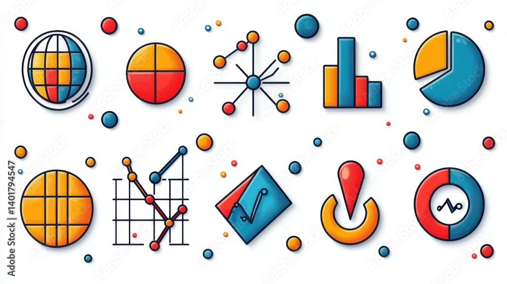 Poster a collection of 15 minimalist colorful outline icons representing various statistical and data analy