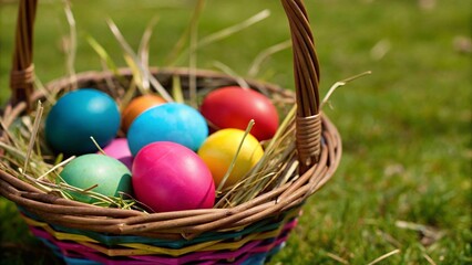 Easter Basket with Colorful Dyed Eggs &ndash; Festive Holiday Decoration