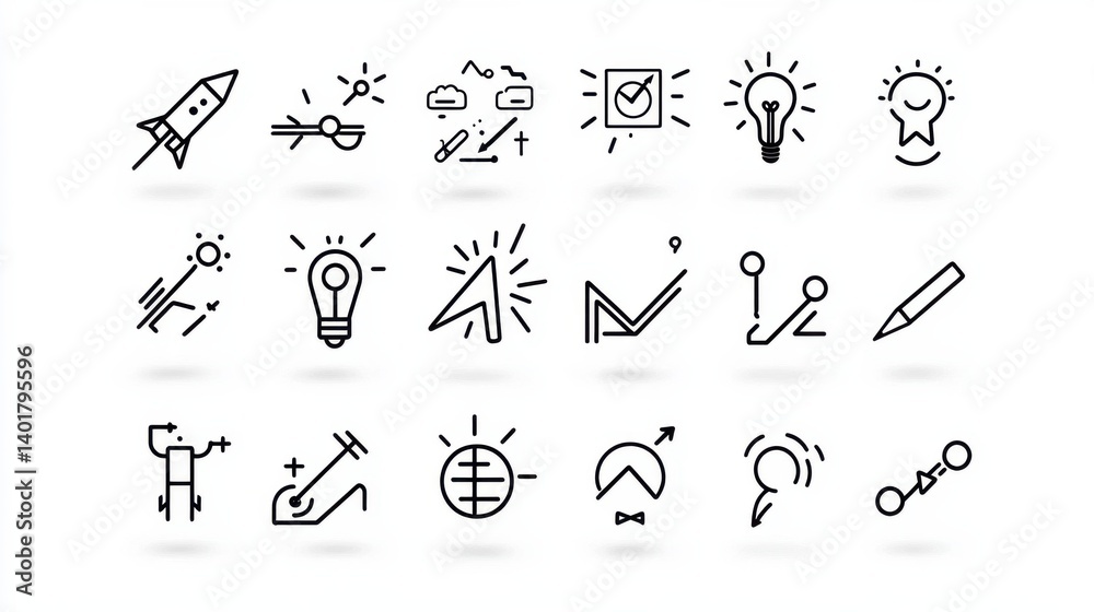Poster a comprehensive set of 30 minimalist outline style cursor and navigation icons with a clean modern a